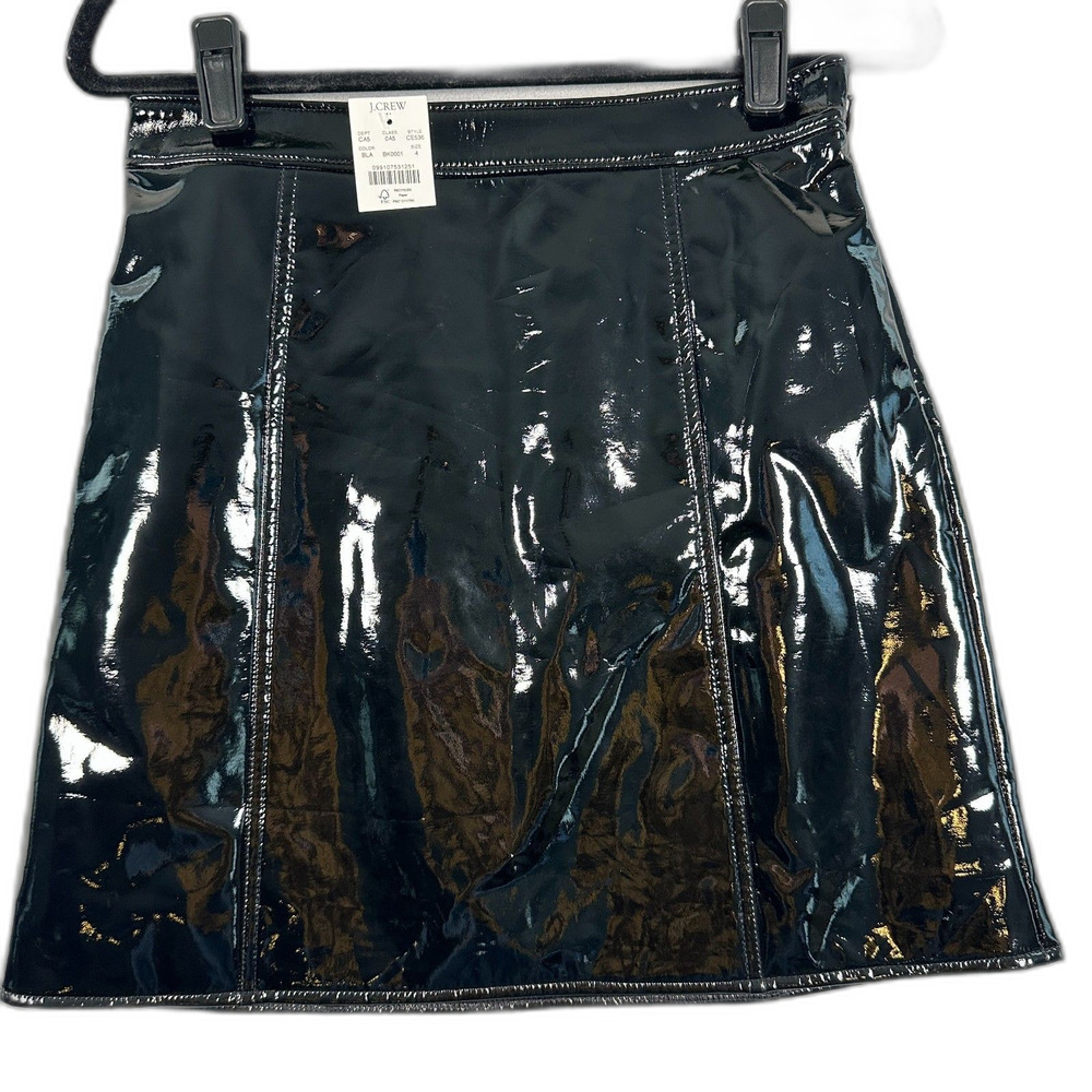J.Crew Faux Patent Leather Mini Skirt Black High Gloss Shiny A-Line Women's Sz 4